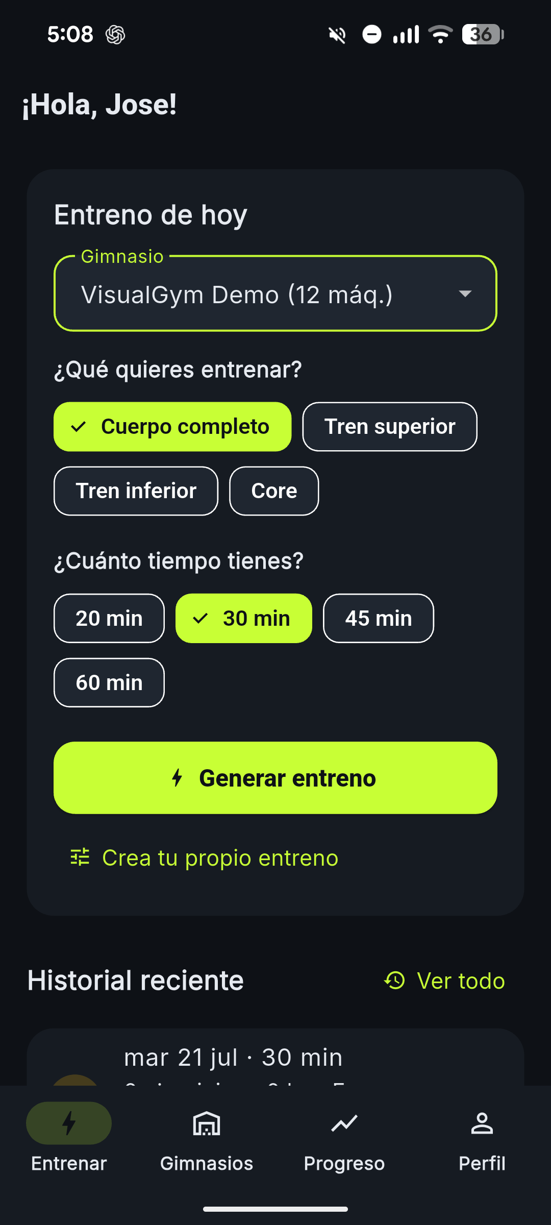 Pantalla de inicio de VisualGym: elige tu gimnasio, qué quieres entrenar y cuánto tiempo tienes, y genera el entreno del día.
